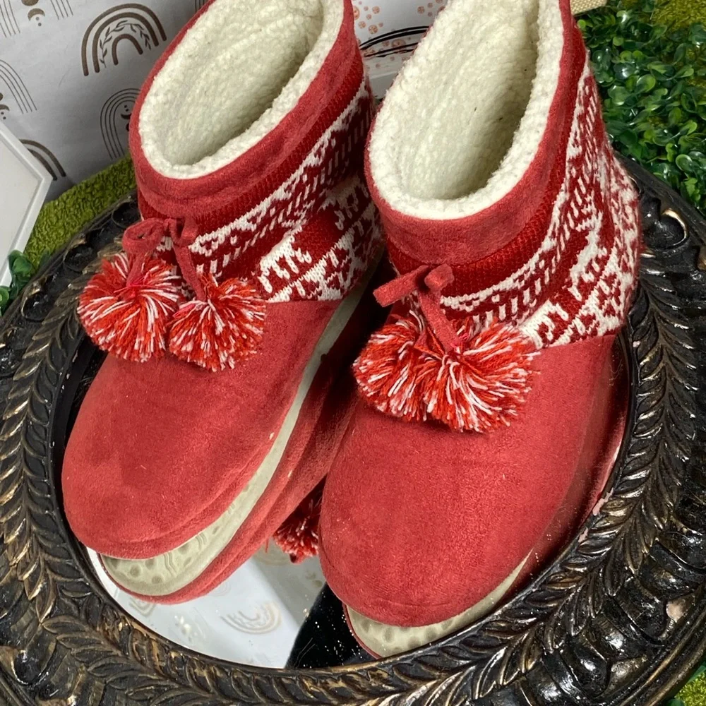 Red Slipper Boots with Pom Poms